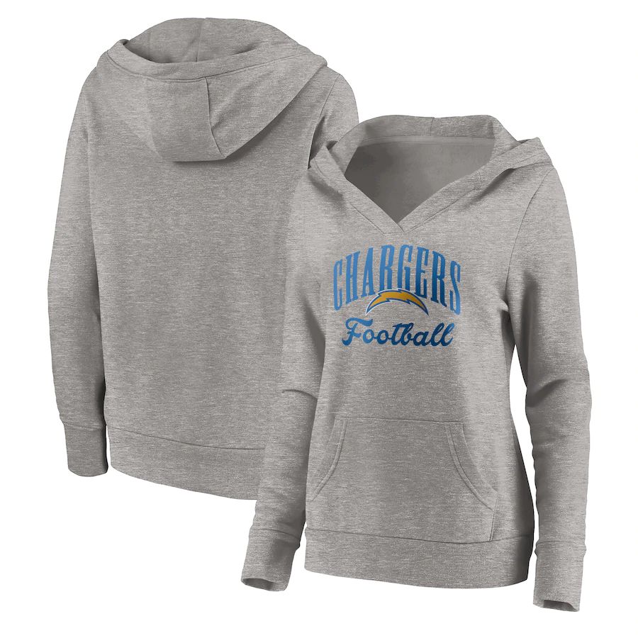 Women Los Angeles Chargers Fanatics Branded Heathered Gray Victory Script V-Neck Pullover Hoodie